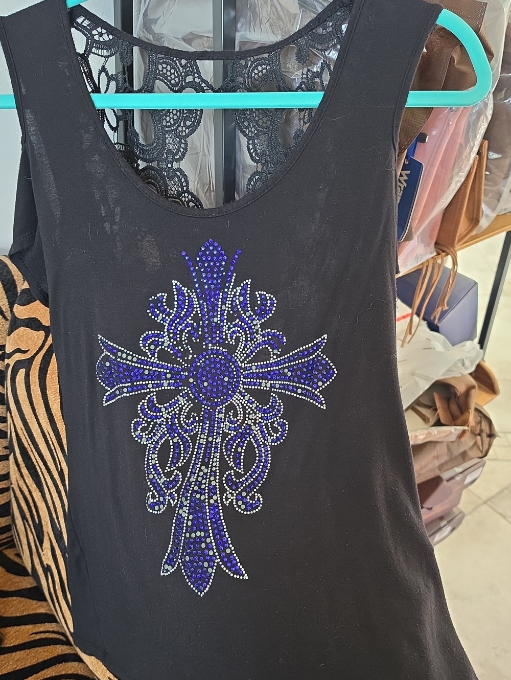 Custom VENUS Black Short-Sleeve Cold-Shoulder Tee with Purple Rhinestone Cross